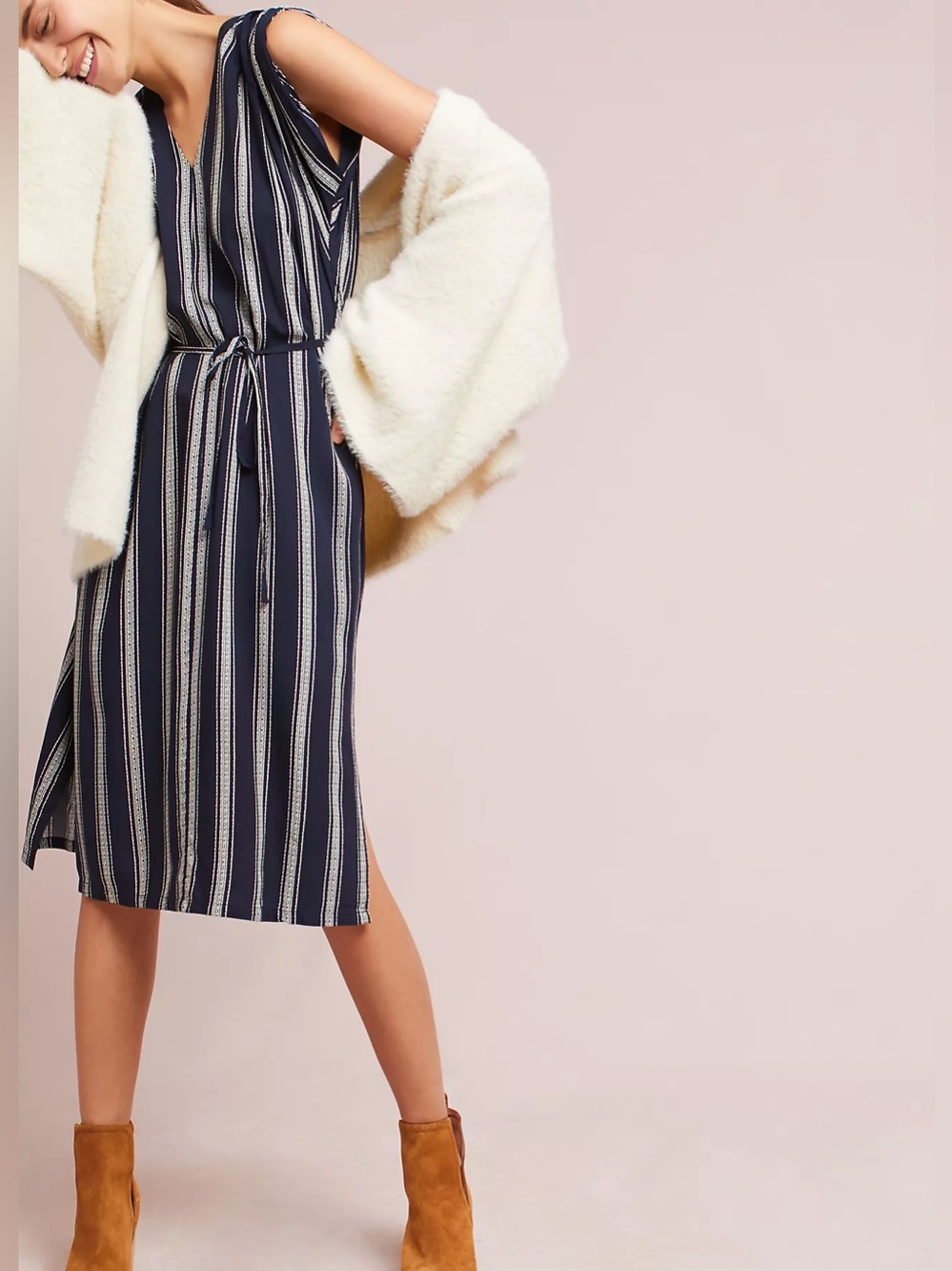 Anthropologie Navy and White Vertical-Stripe Midi Dress